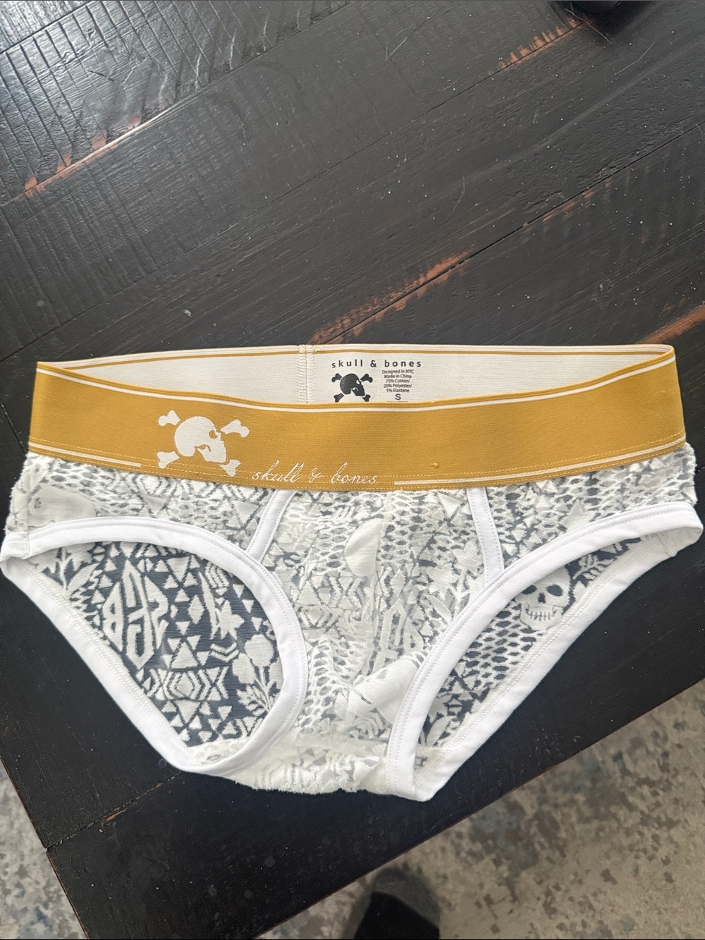 Skull & Bones mens White Lace Briefs with Mustard Waistband